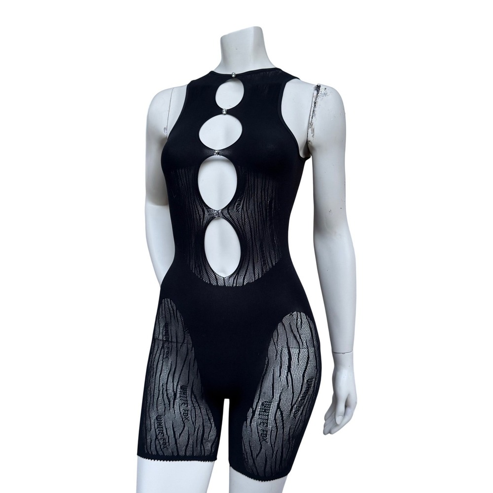 White Fox Rhinestone Bodysuit‎ Black Mesh Cutout Romper Y2K Bling Festival  OS